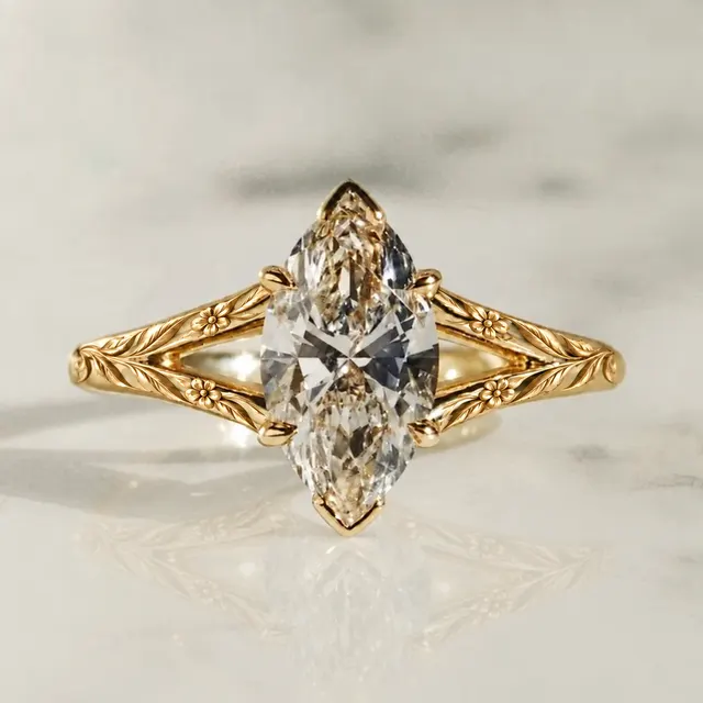 Marquise Lab Grown Diamond Engagement Ring Split Shank Solitaire 14K Yellow Gold Elongated Center Stone