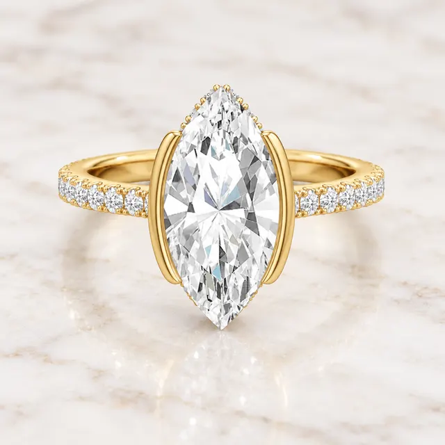 Marquise Lab Grown Diamond Engagement Ring: Half Bezel, Pavé Band, 14K White Gold