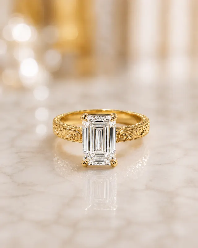 Emerald Cut Lab Grown Diamond Engagement Ring Vintage Solitaire 14K Yellow Gold IGI Certified 3ct