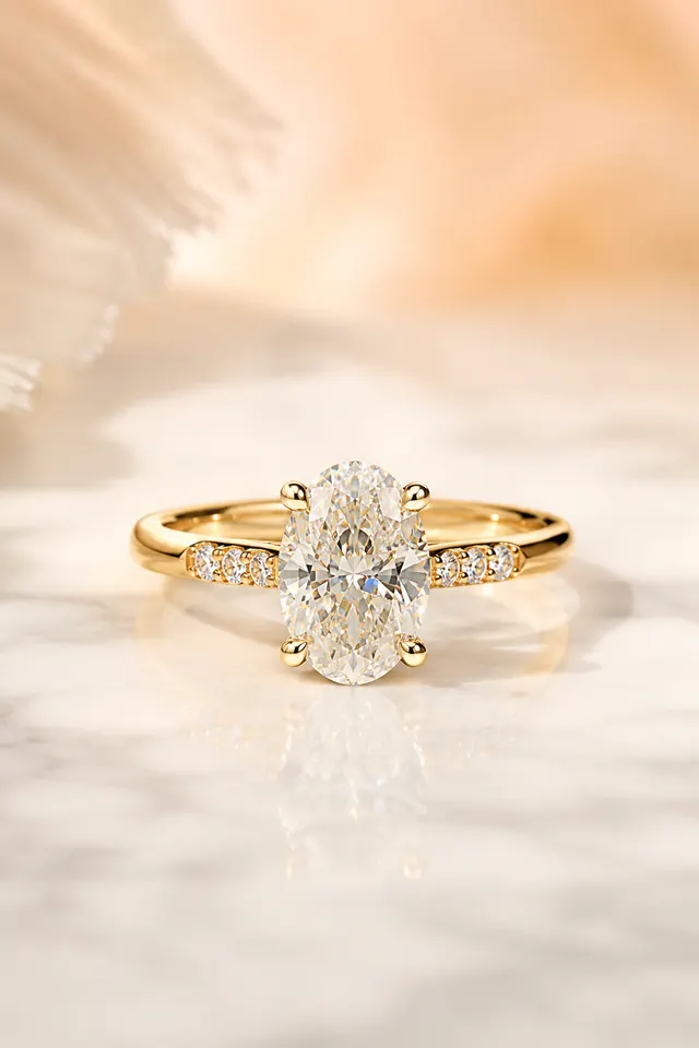 Oval Lab Grown Diamond Engagement Ring Cathedral Trio Pavé 14K Gold IGI Certified E VVS2