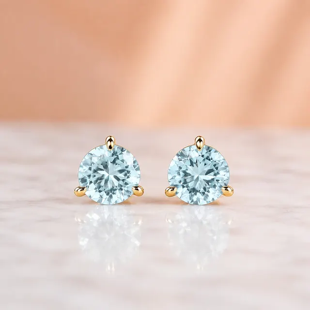 Round Aquamarine Stud Earrings 3-Prong 14K Yellow Gold 1.33 Cttw Push Back