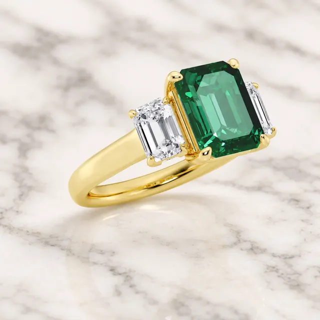 Emerald Cut Lab Grown Diamond Three Stone Ring Green Emerald Center 14K Yellow Gold VVS2 Colorless Sides - alternate view