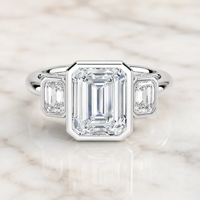 Emerald Cut Lab Grown Diamond Engagement Ring Three Stone Bezel 14K White Gold Modern Design