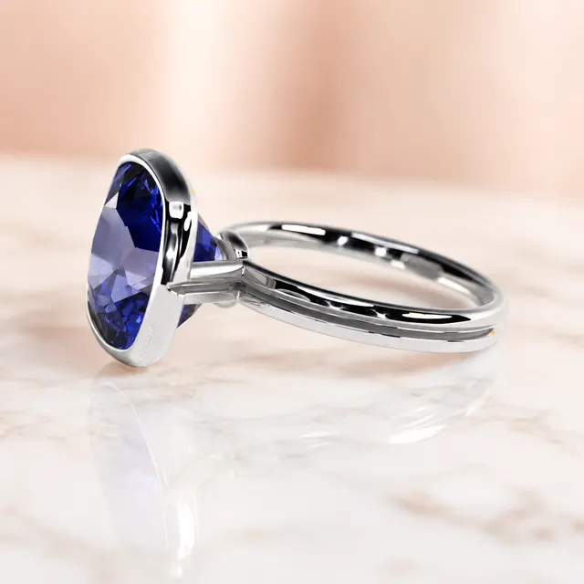 Blue Sapphire Cushion Cut Lab Grown Solitaire Ring Bezel Set 14K White Gold 2 Carat Royal Blue - alternate view