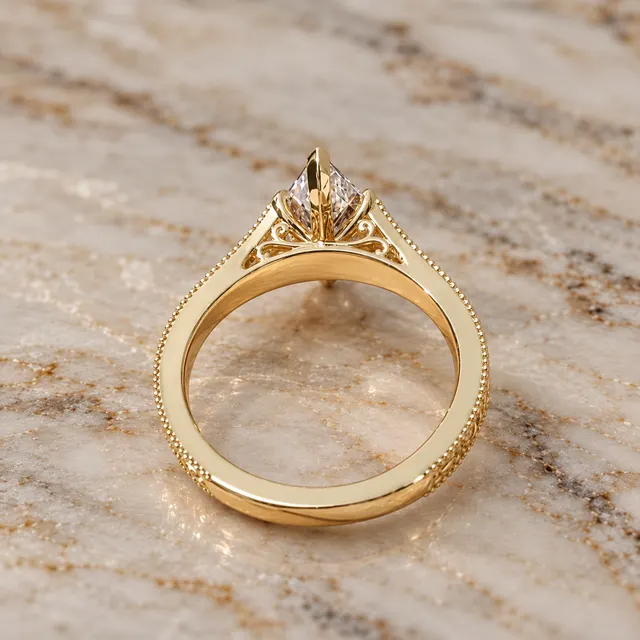 Hexagon Lab Grown Diamond Engagement Ring Vintage Milgrain Solitaire 14K Yellow Gold IGI Certified  - alternate view