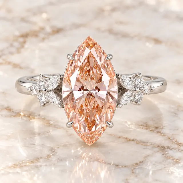 Pink Marquise Lab Grown Diamond Engagement Ring Petal Cluster 14K White Gold IGI Certified 3 Carat