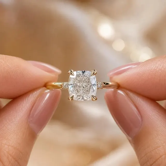 Cushion Lab Grown Diamond Engagement Ring Three Stone 14K Yellow Gold Elongated 2ct Center - alternate view
