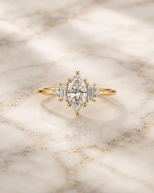 Marquise Lab Grown Diamond Engagement Ring Five Stone 14K Yellow Gold Baguette & Round Sides, IGI Certified