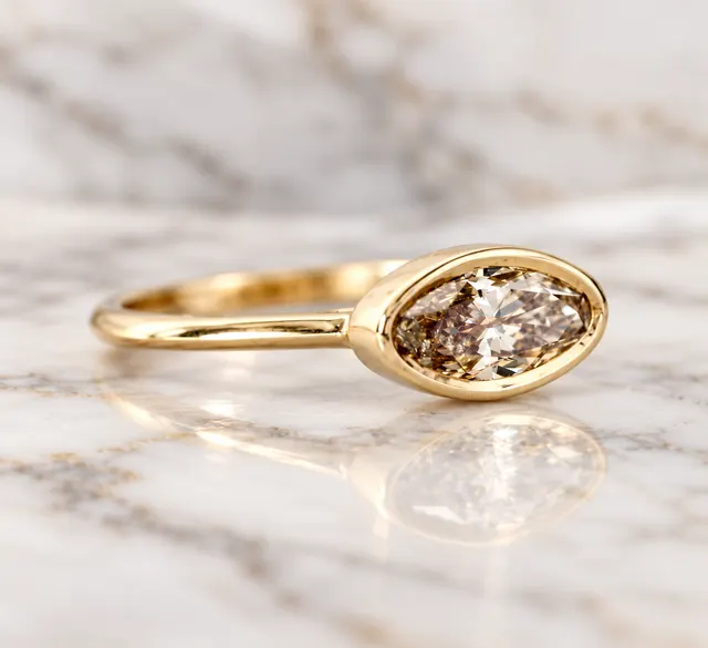 Champagne Moval Diamond Engagement Ring Bezel Set 14K Yellow Gold East West Moval - alternate view