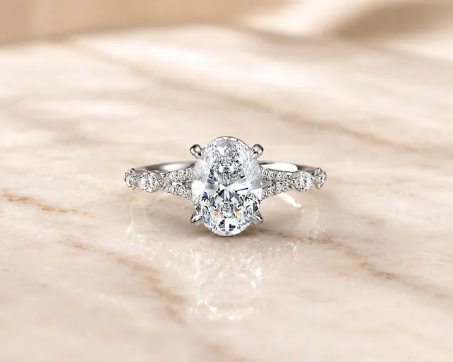 Oval Lab Grown Diamond Engagement Ring Marquise & Round Side Stones 14K White Gold E VVS2 1Ct Center