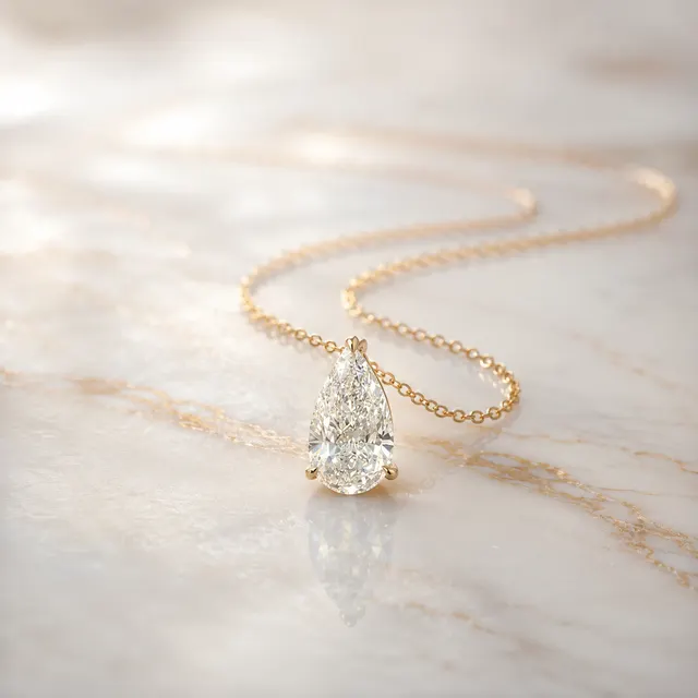 Pear Lab Grown Diamond Solitaire Pendant Necklace Prong Set 14K Yellow Gold Delicate Cable Chain