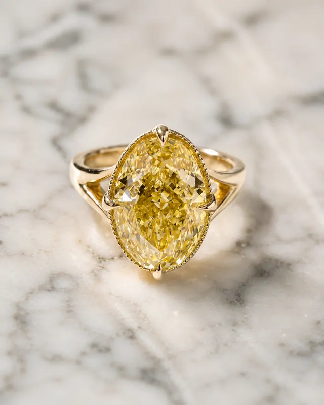 Fancy Yellow Oval Lab Grown Diamond Engagement Ring  Milgrain Bezel Split Shank 14K Gold Claw Prong Vintage Style