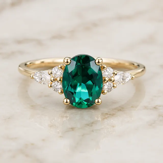 Oval Emerald & Lab Grown Diamond Engagement Ring Vintage Cluster 14K Gold Classic Setting