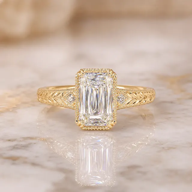 Crisscut Lab Grown Diamond Engagement Ring Milgrain Bezel 14K Yellow Gold – IGI Certified 3 Carat E VVS2