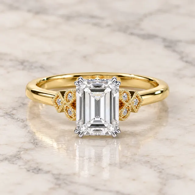 Emerald Cut Lab Grown Diamond Engagement Ring Vintage Milgrain 14K Two Tone Gold Accent Diamond Shoulders