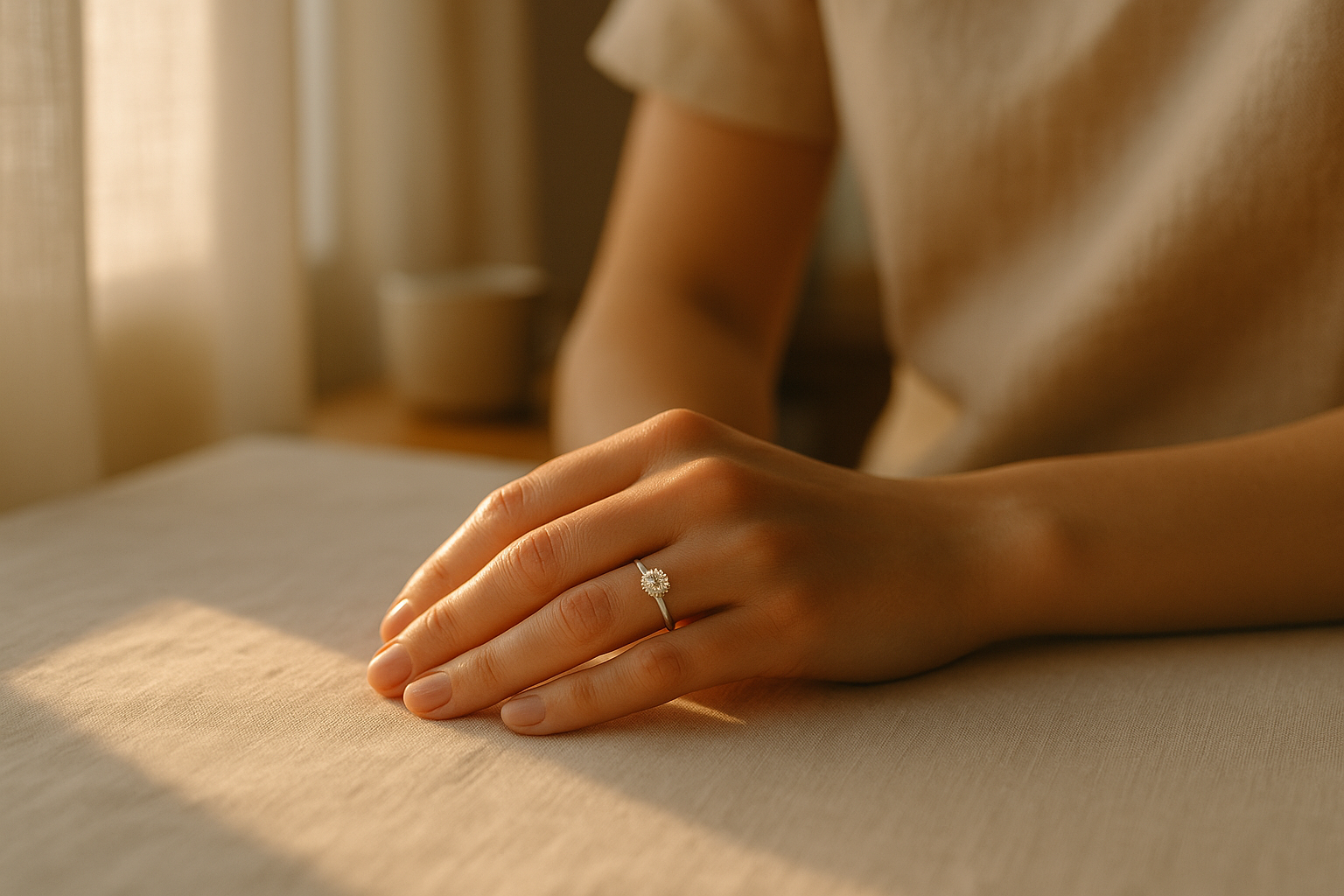 Engagement ring worn on a hand in soft natural window light