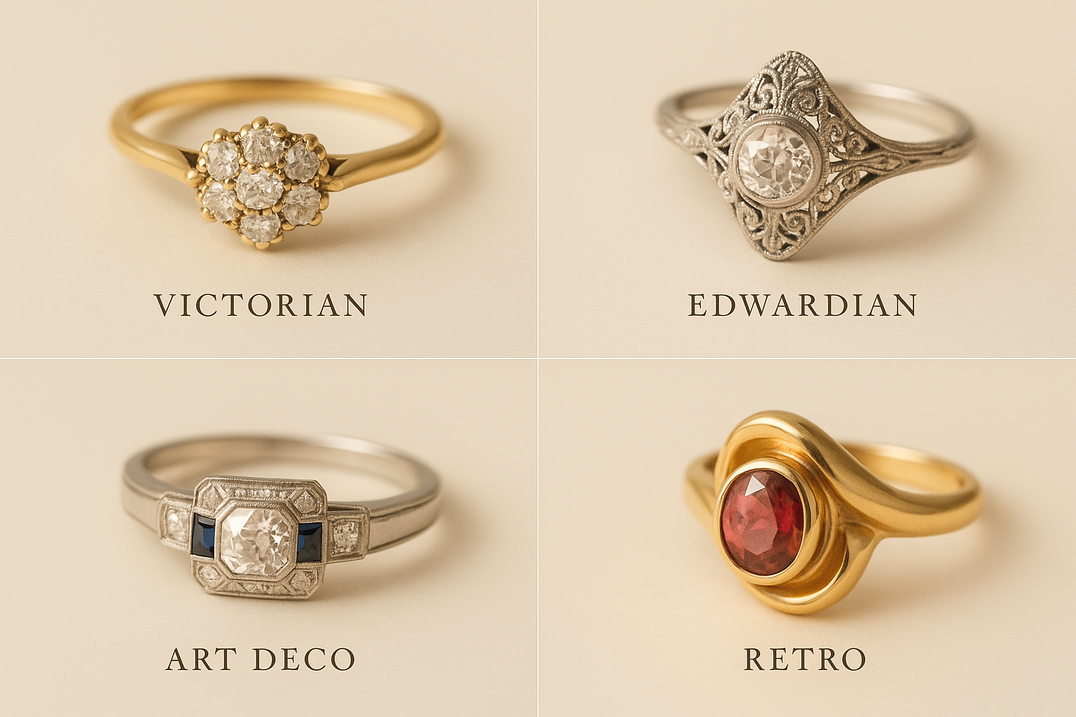 Comparison graphic of four engagement ring styles from the Victorian, Edwardian, Art Deco, and Retro eras