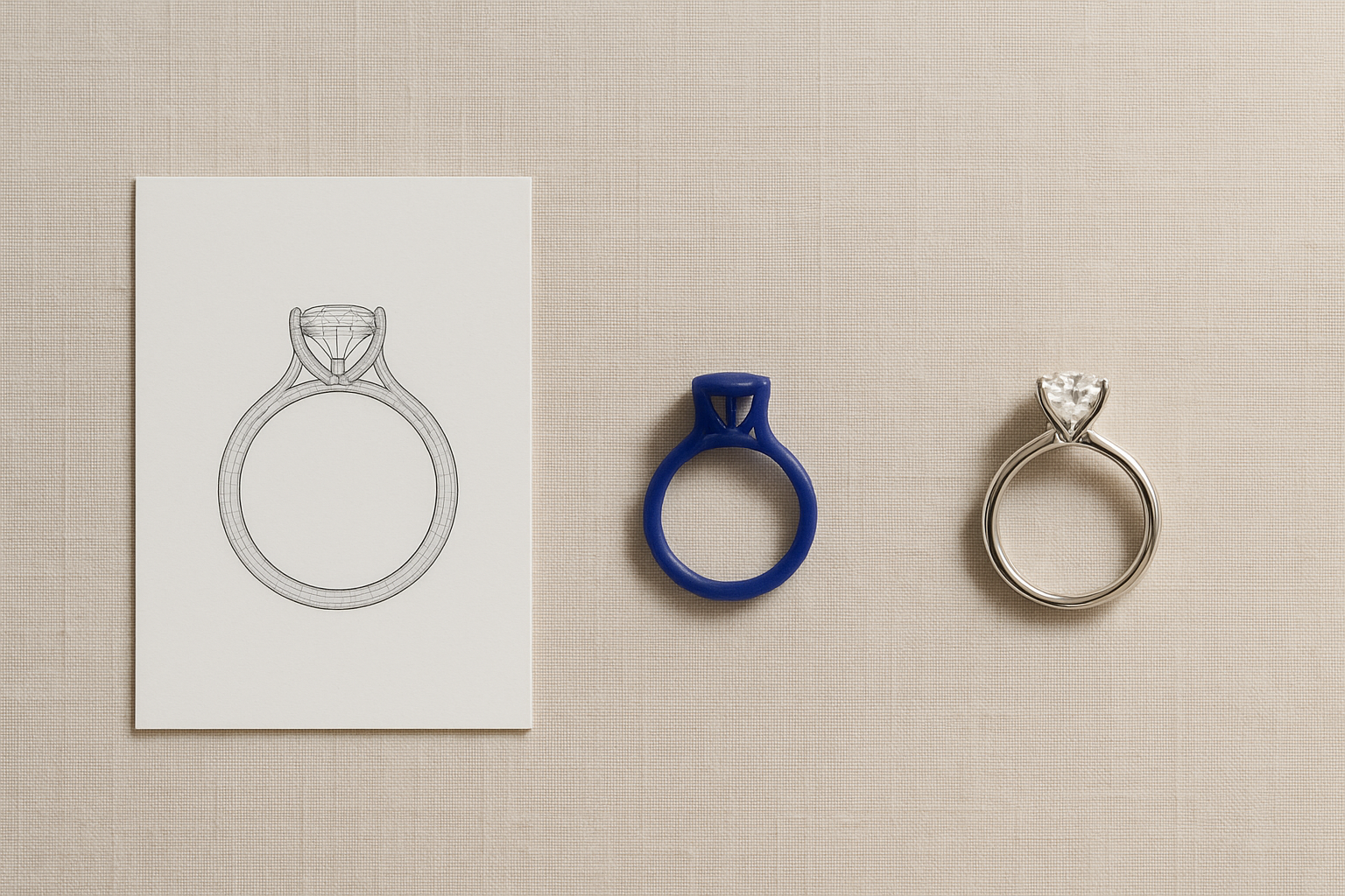 Custom engagement ring process stages from CAD model to wax casting to finished ring
