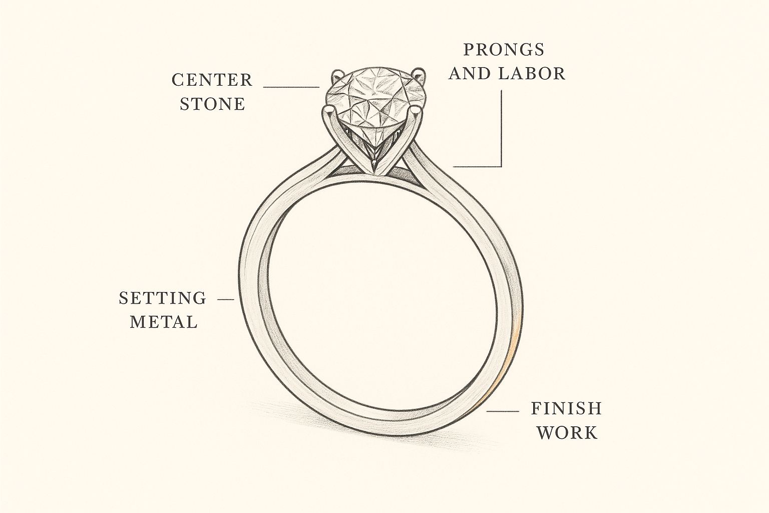 Labeled diagram of engagement ring cost components including center stone, setting metal, and labor