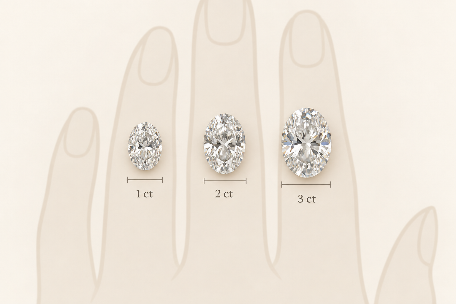 Diagram comparing oval diamond carat sizes by millimeter spread from one to three carats