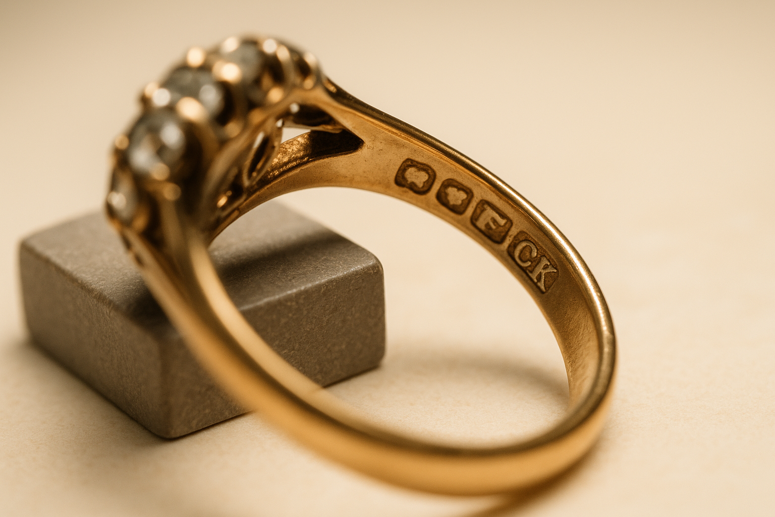 Macro photo of the inside of an antique ring shank showing a hallmark and maker's mark used to date the ring