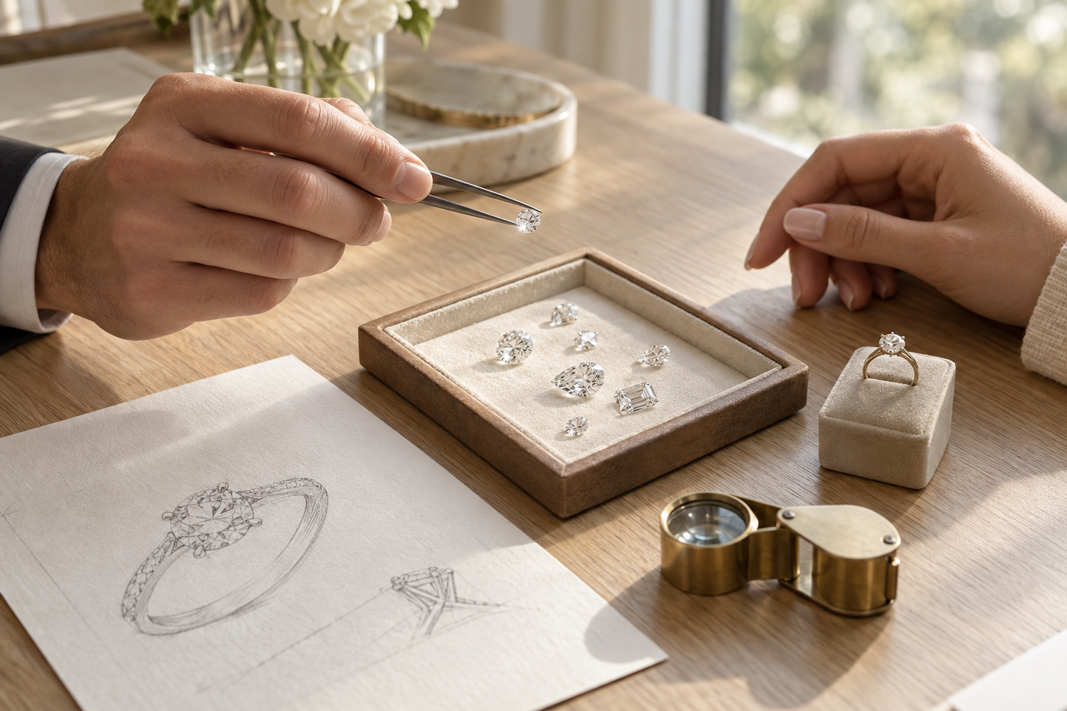Custom engagement ring consultation with loose certified diamonds and a design sketch on a jeweler's table
