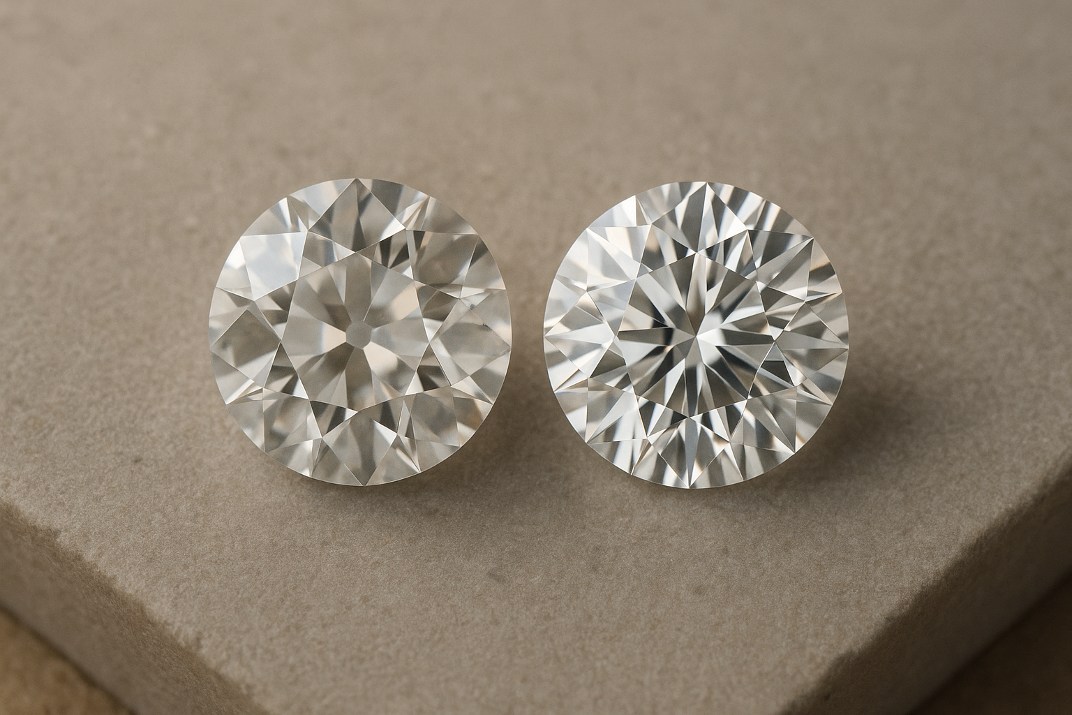 Macro comparison of an old european cut diamond and a modern round brilliant cut diamond side by side