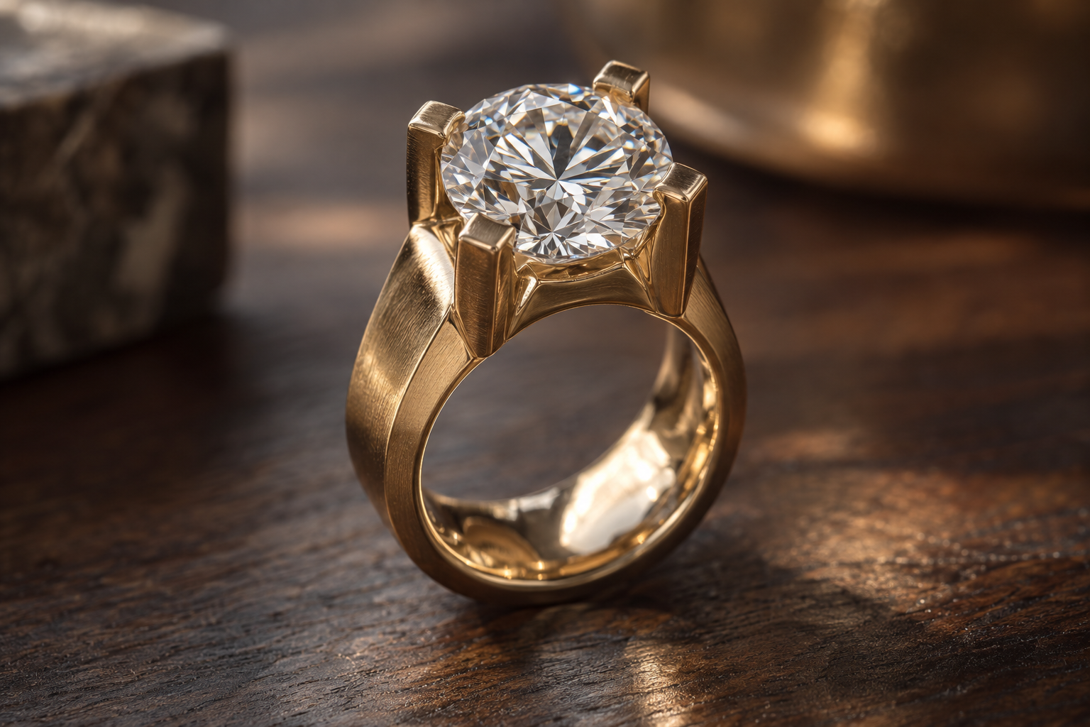 Macro detail shot of a bold statement style engagement ring in the spirit of Post Malone's engagement ring aesthetic