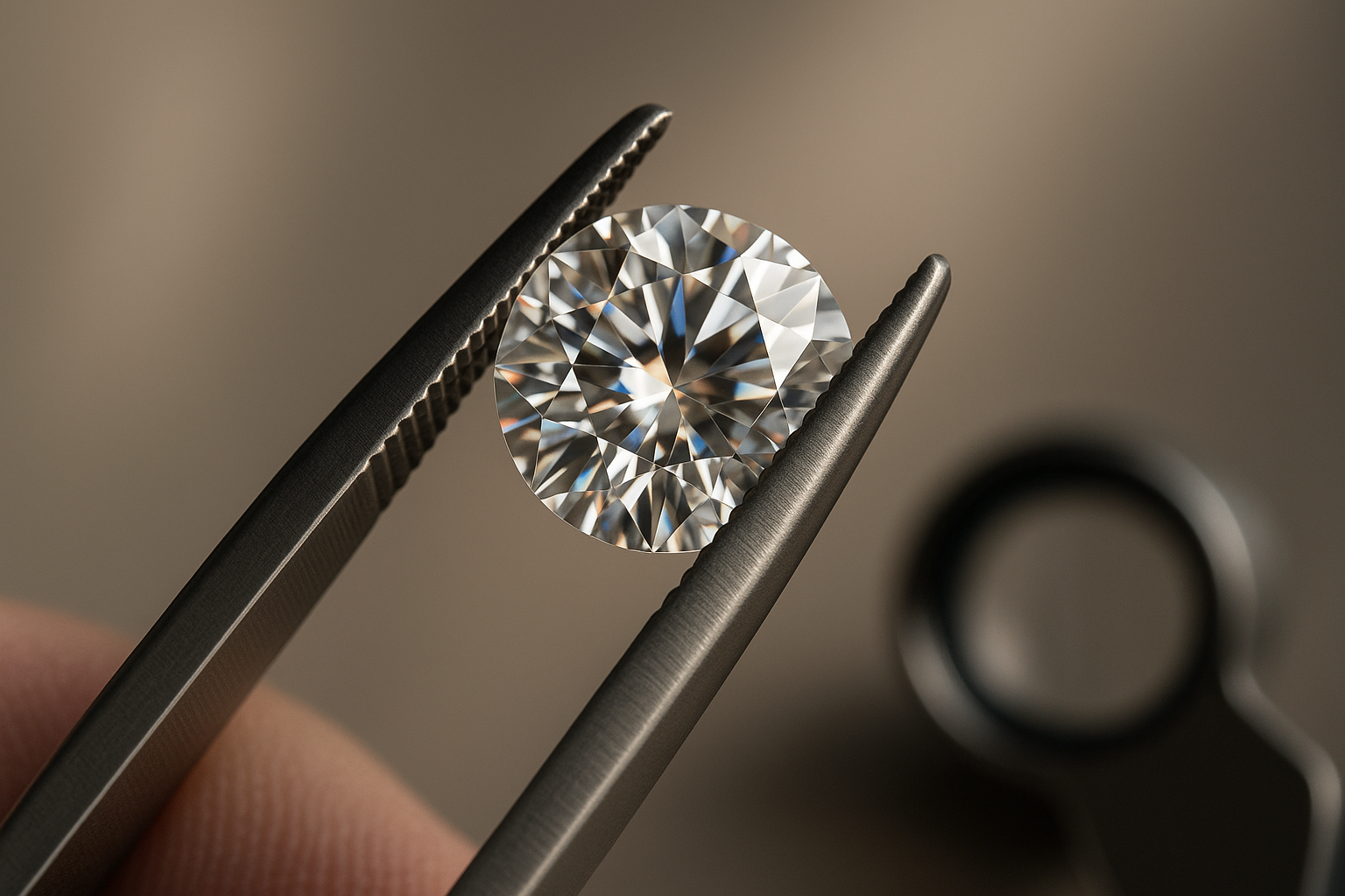Loose certified diamond held in jeweler's tweezers for inspection before custom setting