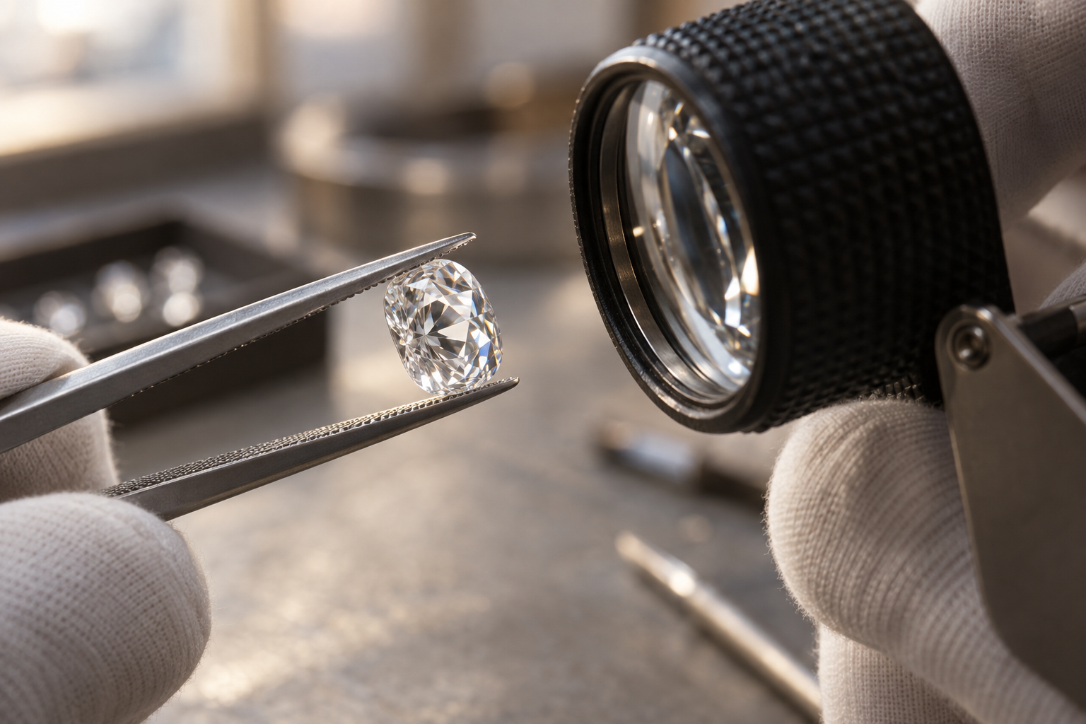 Jeweler inspecting a loose lab grown diamond girdle through a loupe to check the laser inscription