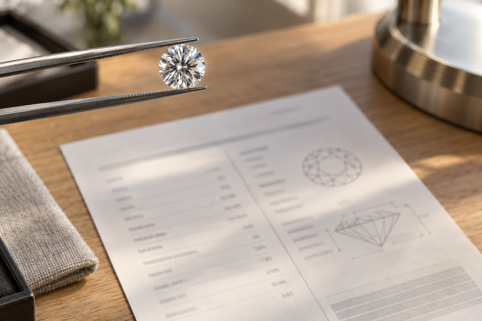 Loose lab grown diamond in tweezers above a grading report, illustrating IGI and GIA certification for lab grown diamonds