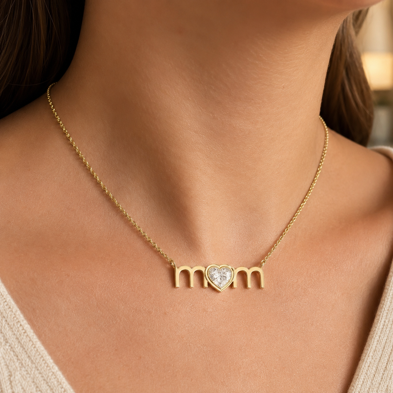 Heart Lab Grown Diamond Mom Pendant Necklace Bezel 14K Yellow Gold 1/2ct E VVS2 Gift for Her