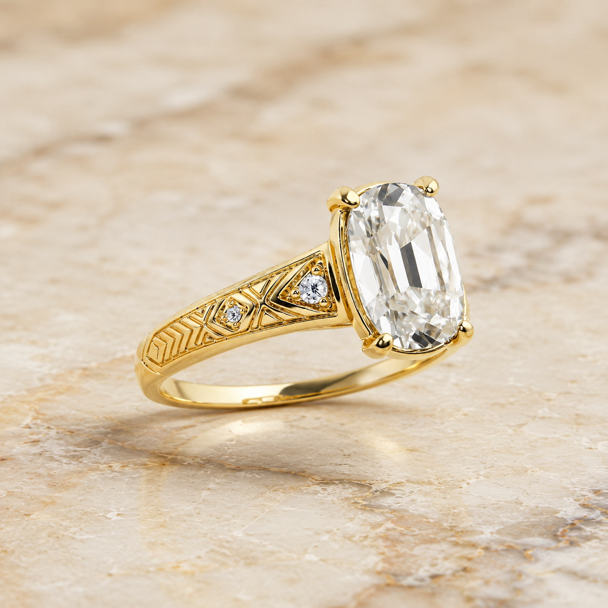 Cushion Lab Grown Diamond Vintage Engagement Ring Side Stone 14K Yellow Gold IGI Certified 2 Carat