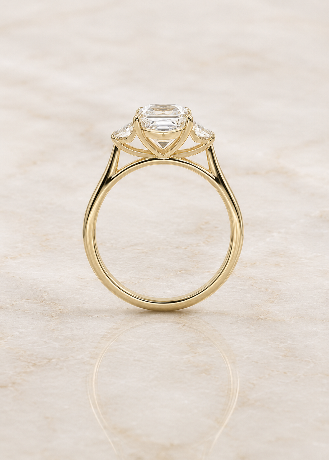 Asscher Cut Lab Grown Diamond Engagement Ring Three Stone 14K Yellow Gold Trapezoid Side Stones