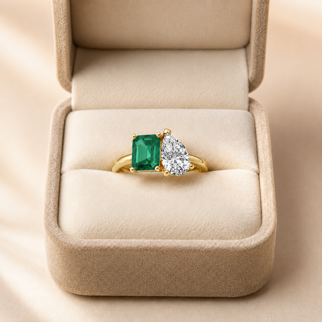 Emerald Cut Emerald & Pear Lab Grown Diamond Two Stone Ring Prong 14K Yellow Gold – 2.5ct VVS2