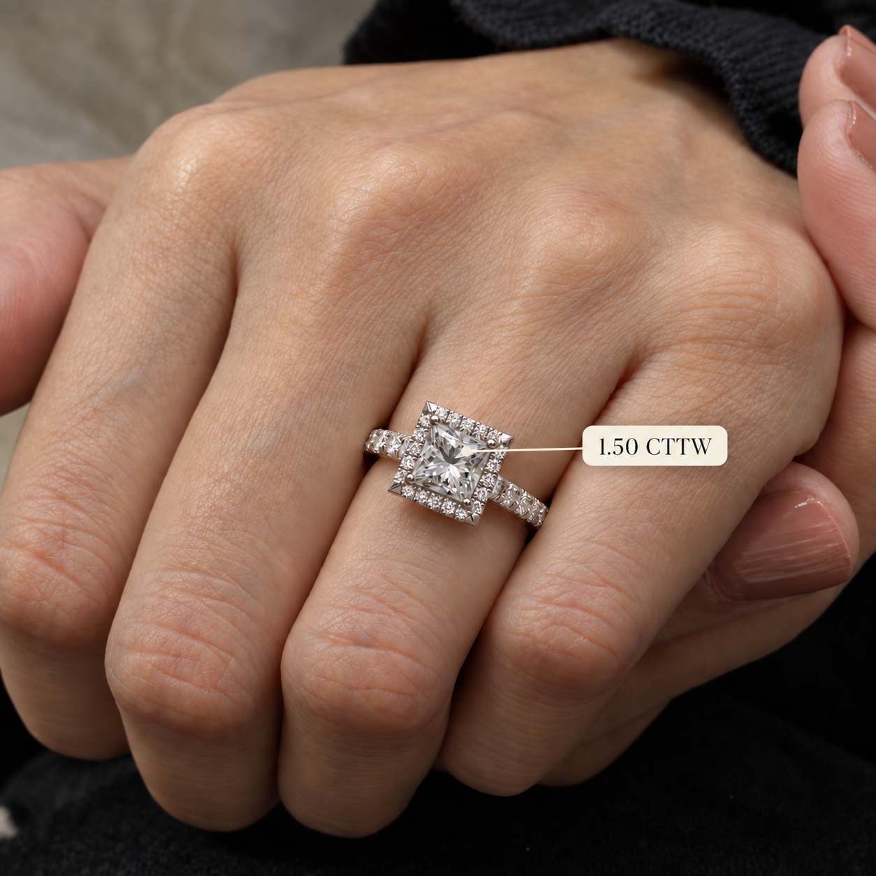 Princess Lab Grown Diamond Engagement Ring Cathedral Halo 14K White Gold Pave Band