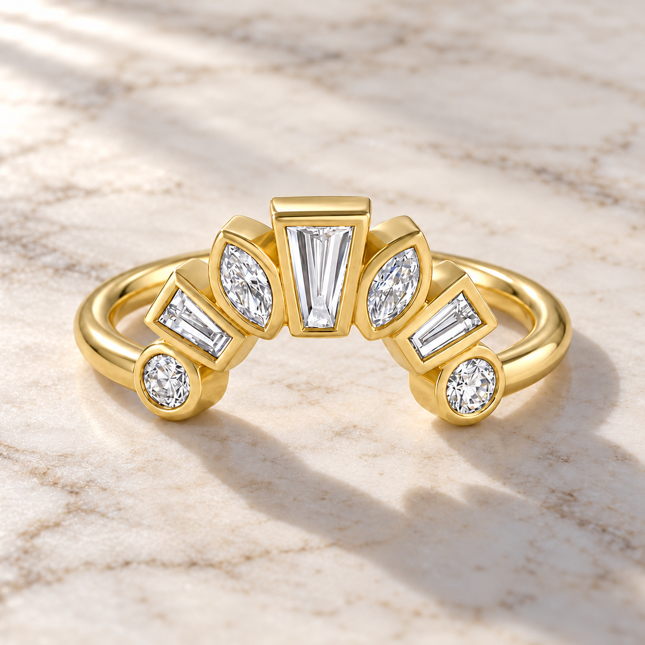 Bezel Set Diamond Ballerina Band Marquise Baguette Crown Ring 14K Yellow Gold Stacking Band