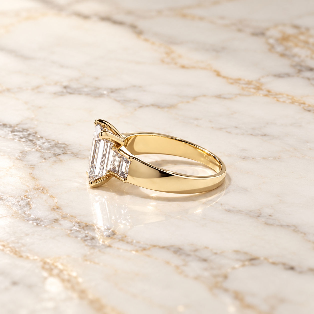 Emerald Cut Lab Grown Diamond Engagement Ring, Baguette Side Stones, 14K Yellow Gold Tapered Band