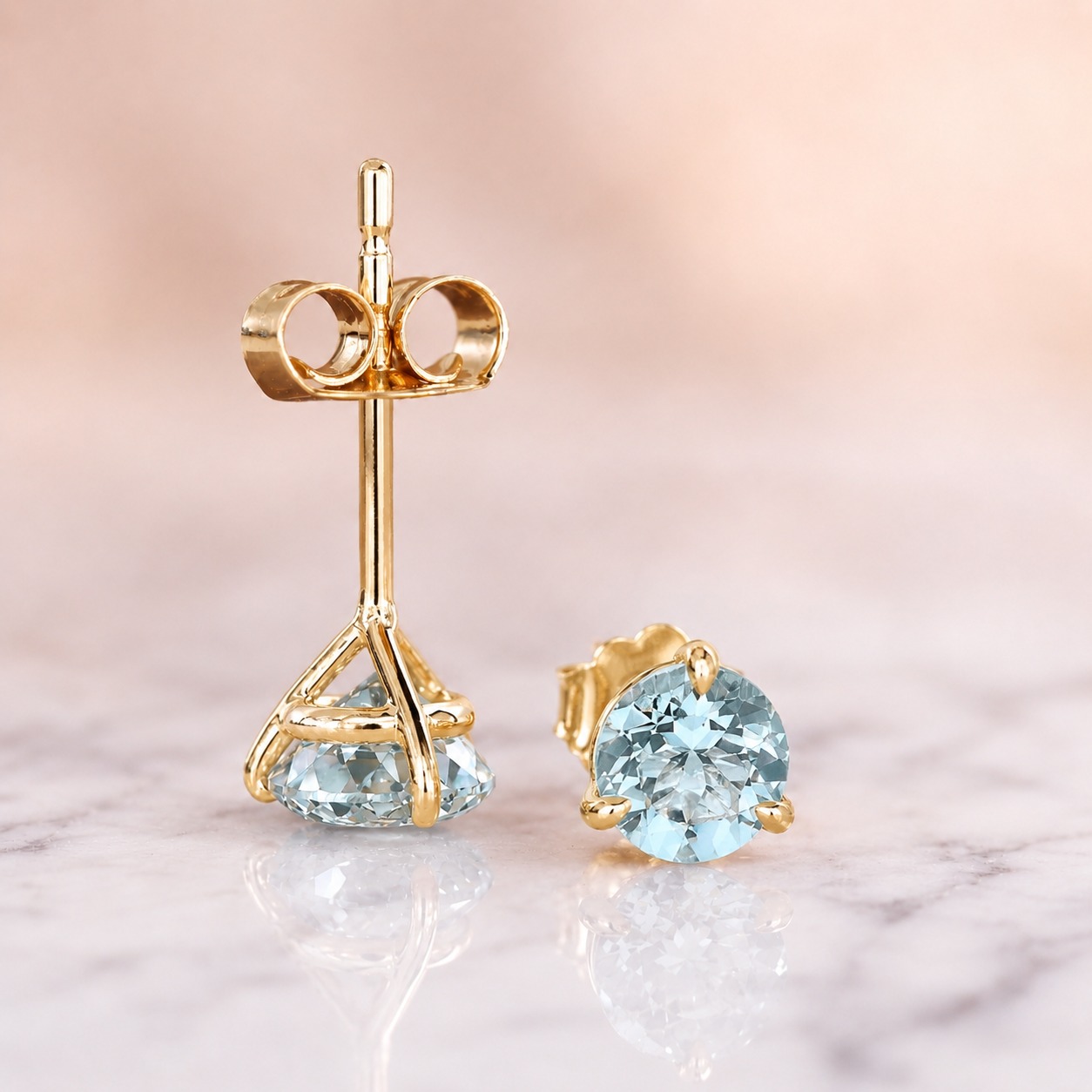 1.33 Cttw Round Aquamarine Stud Earrings in 14K Yellow Gold