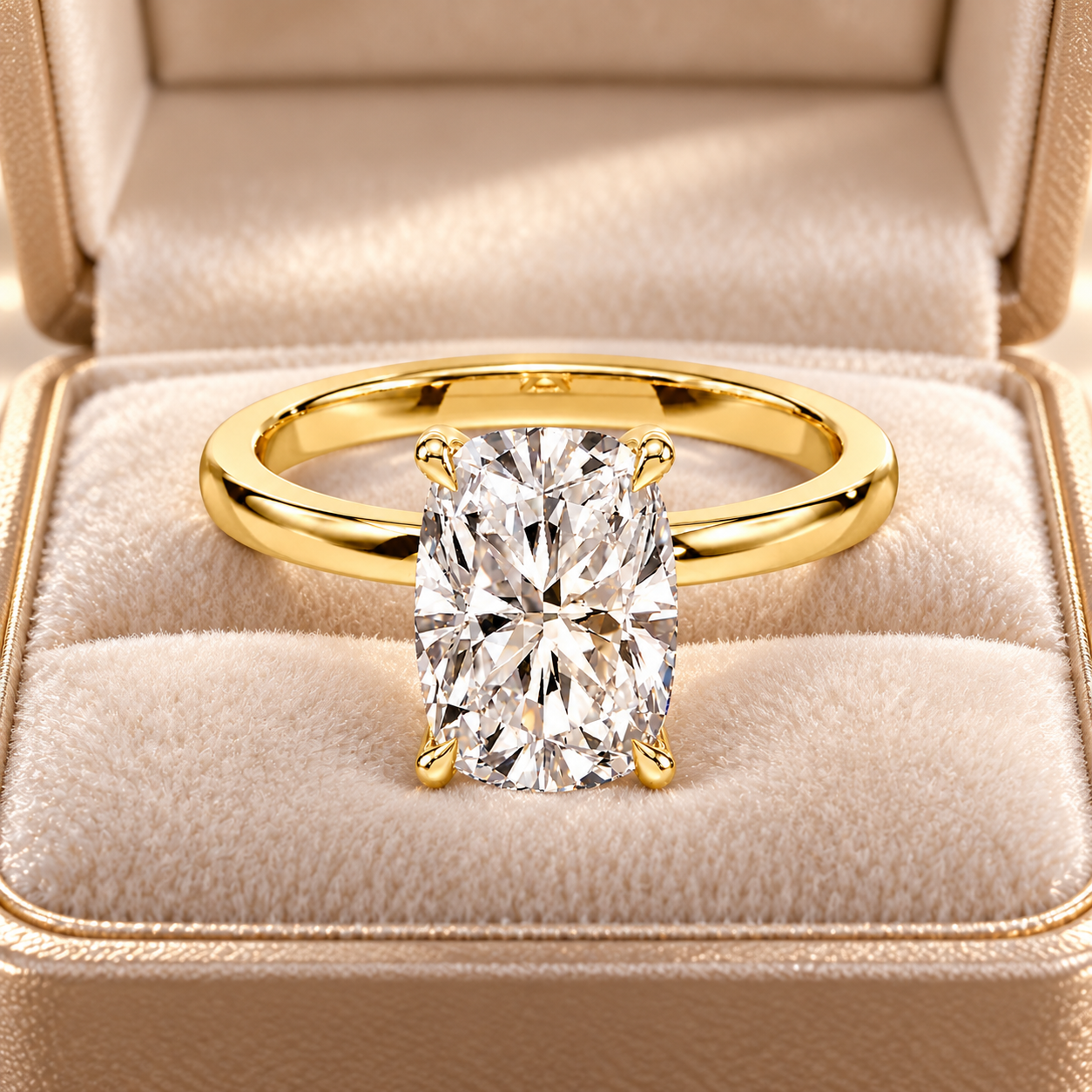 Cushion Lab Grown Diamond Engagement Ring Hidden Halo Solitaire 14K Yellow Gold VVS2 E