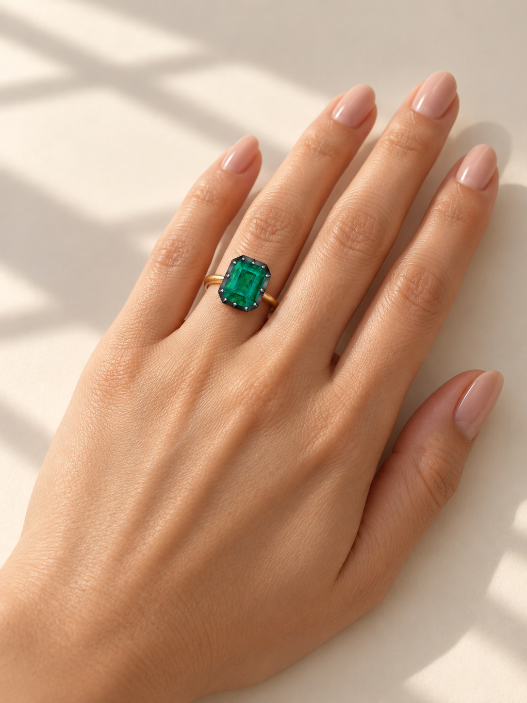 Emerald Cut Natural Emerald Ring Georgian Cut-Down 18K Blackened White & Yellow Gold