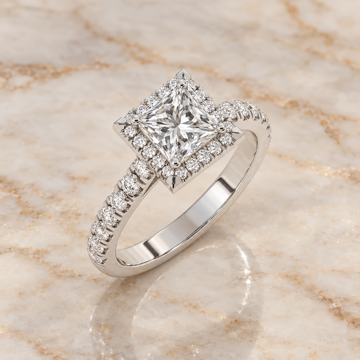 Princess Lab Grown Diamond Engagement Ring Cathedral Halo 14K White Gold Pave Band