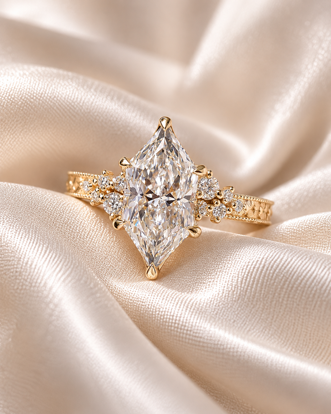 Marquise Lab Grown Diamond Engagement Ring Vintage Tulip 14K Yellow Gold IGI Certified