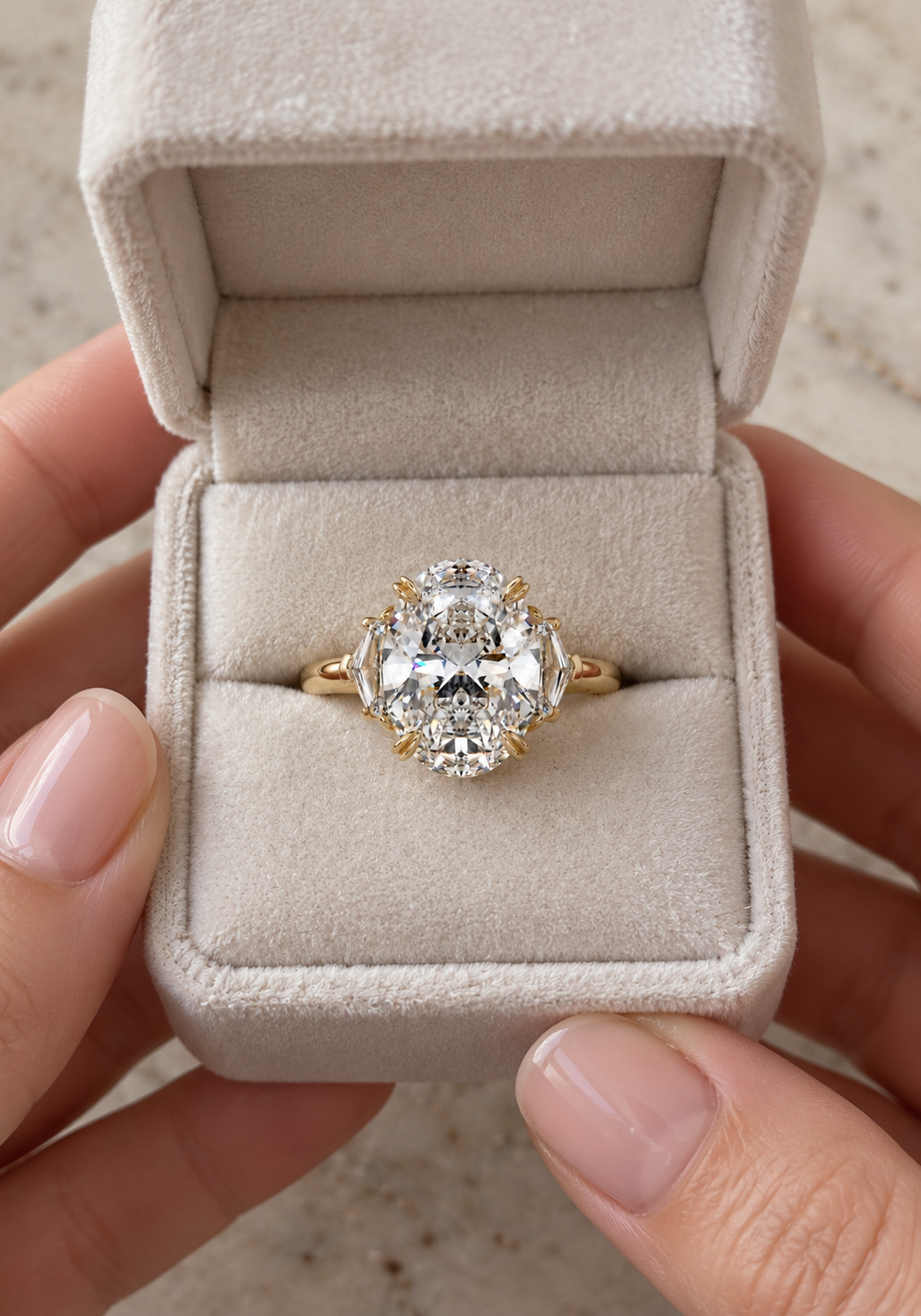 Oval Lab Grown Diamond Engagement Ring Three Stone Cadillac 14K Yellow Gold IGI Certified