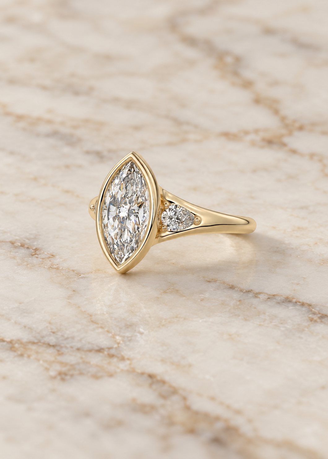 Marquise Lab-Grown Diamond Bezel Engagement Ring, Pear Side Stones, 14K Rose Gold (IGI Certified)