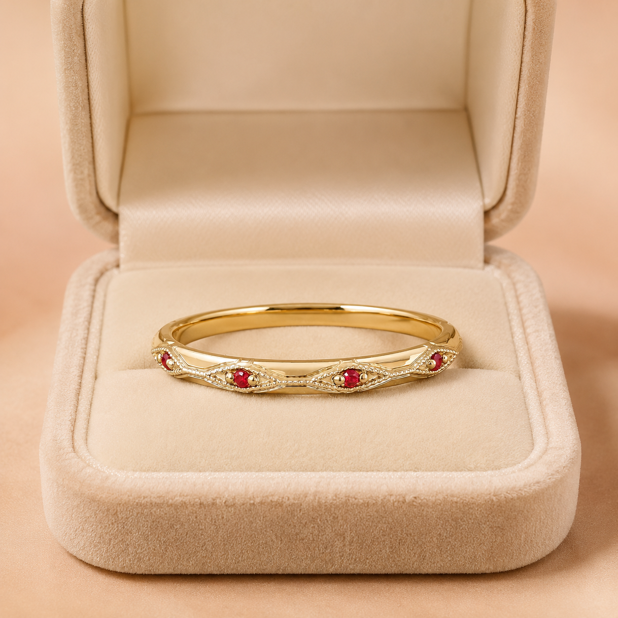 Ruby Lab Grown Promise Ring – Vintage Milgrain Dainty Band – Sentimental Gift for Her