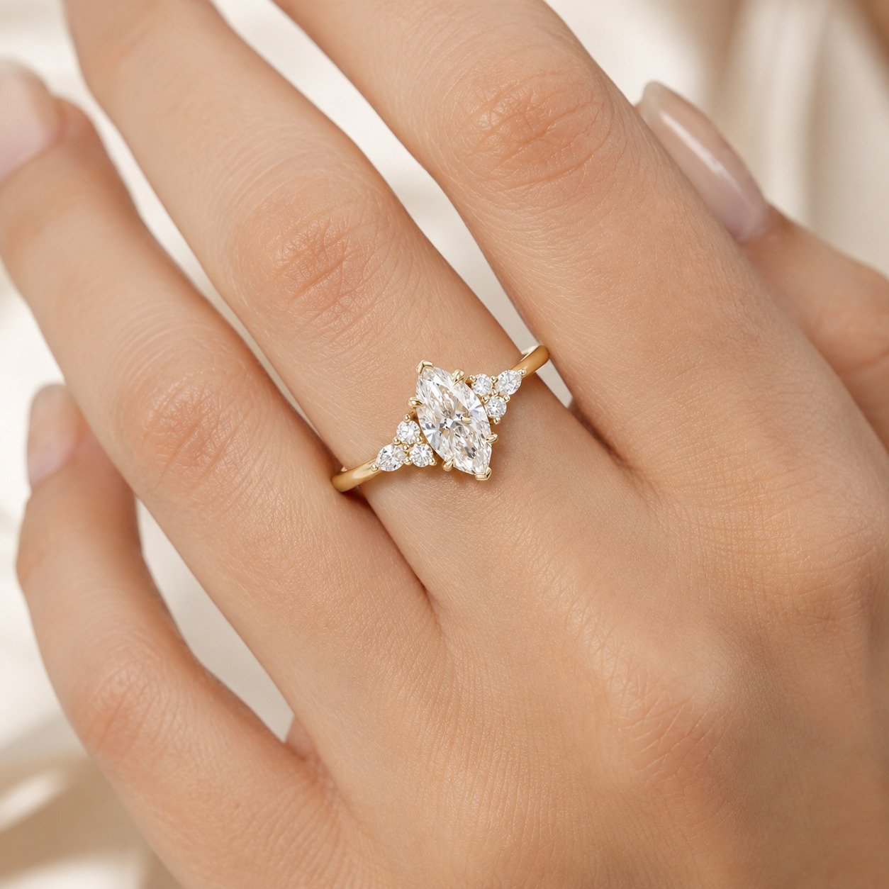 Marquise Lab Grown Diamond Engagement Ring Side Stone 14K White Gold 1 Carat Center Stone