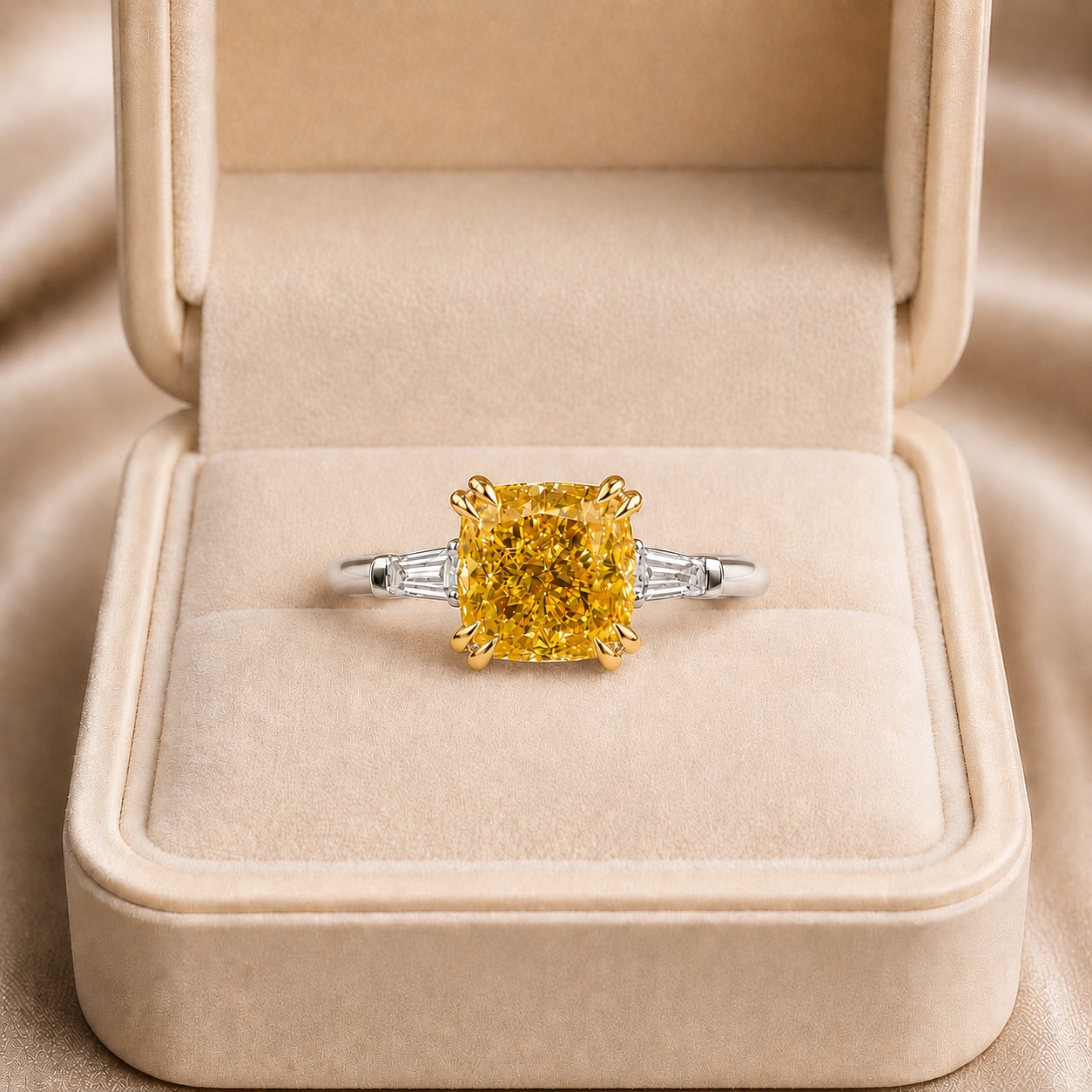 Yellow Cushion Lab Grown Diamond Engagement Ring Three Stone 14K White Gold Tapered Baguette, IGI Certified