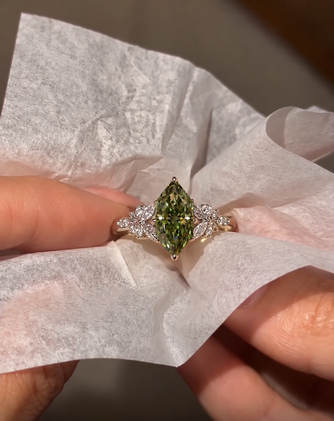 Green Marquise Lab Grown Diamond Engagement Ring Set Nature-Inspired Leaf 14K White Gold IGI Certified