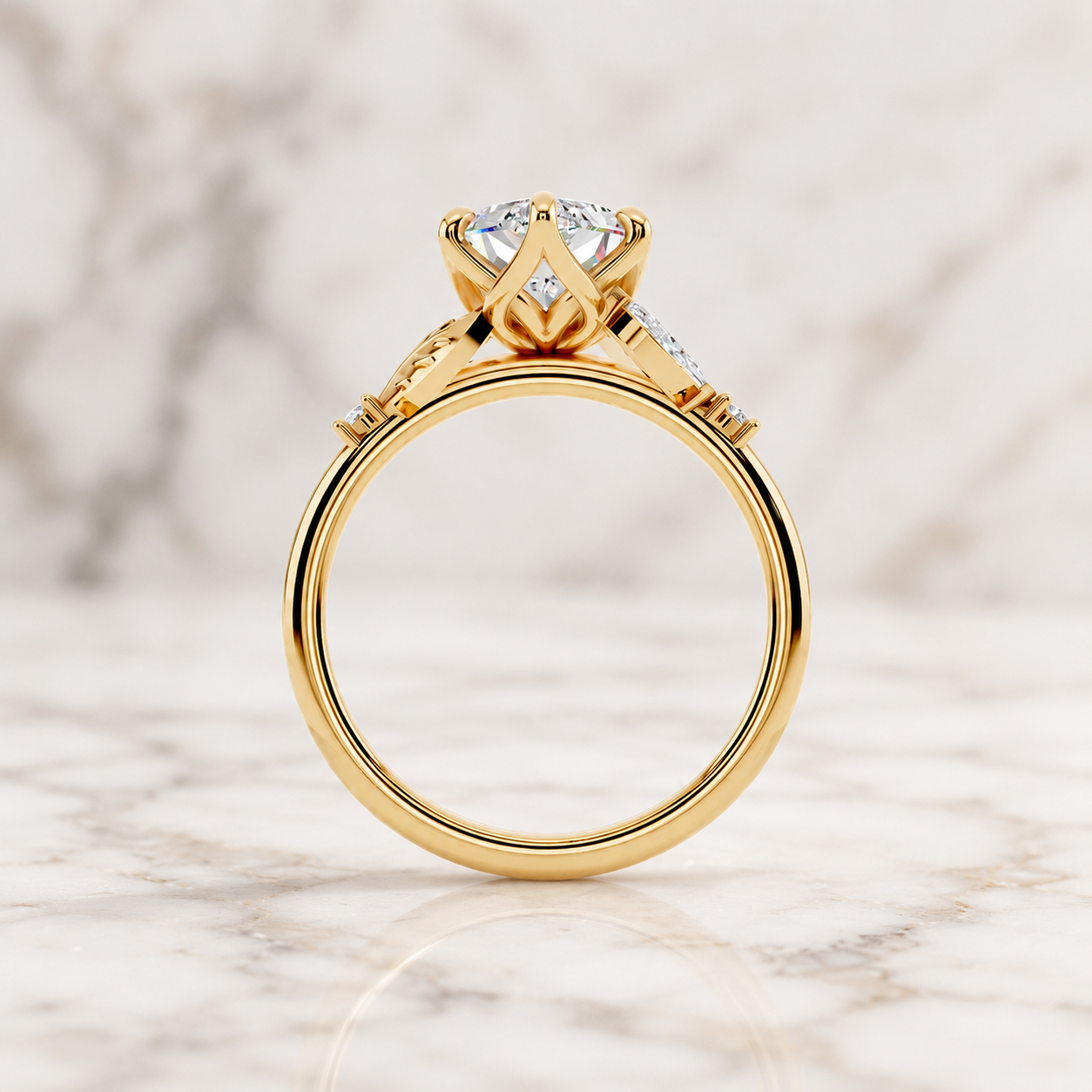 Marquise Lab Grown Diamond Engagement Ring Floral Side Stone 14K Yellow Gold Marquise Accents E Color